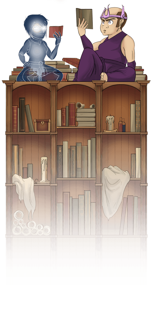 Alice and Steve read arcane tomes from Lawrence's bookshelf