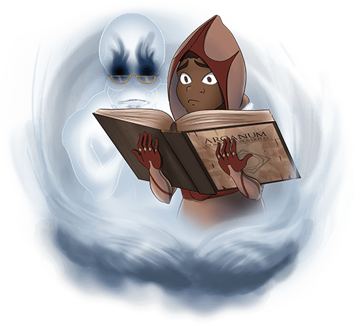 Lawrence and a ghostly figure seeking deep knowledge in ancient tomes